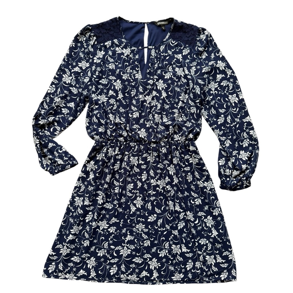 Express Long Sleeve Floral Mini Dress Size Medium Navy White